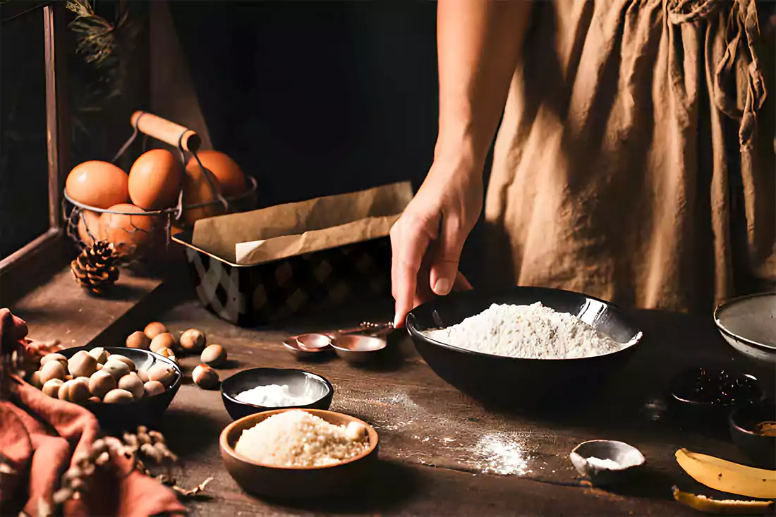 Table with cinnamon, flour, eggs, and milk for cinnamon bread recipe