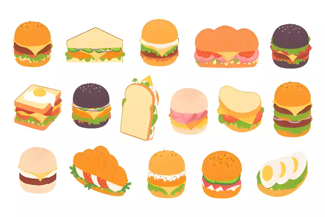 An assortment of cheeseburgers and sandwiches representing variations of the chopped cheese