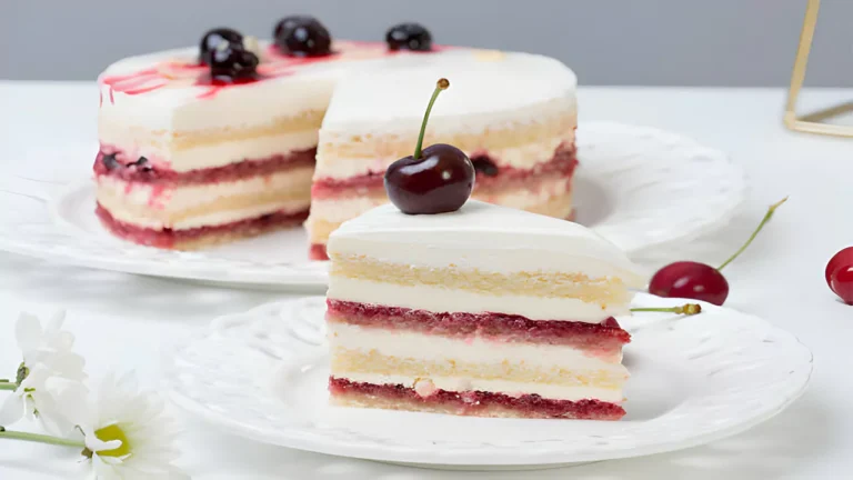 An elegantly presented Maraschino Cherry Cake on a serving plate