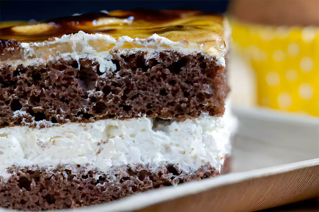 Close-up of decadent chocolate cake layers showcasing the moist and rich texture