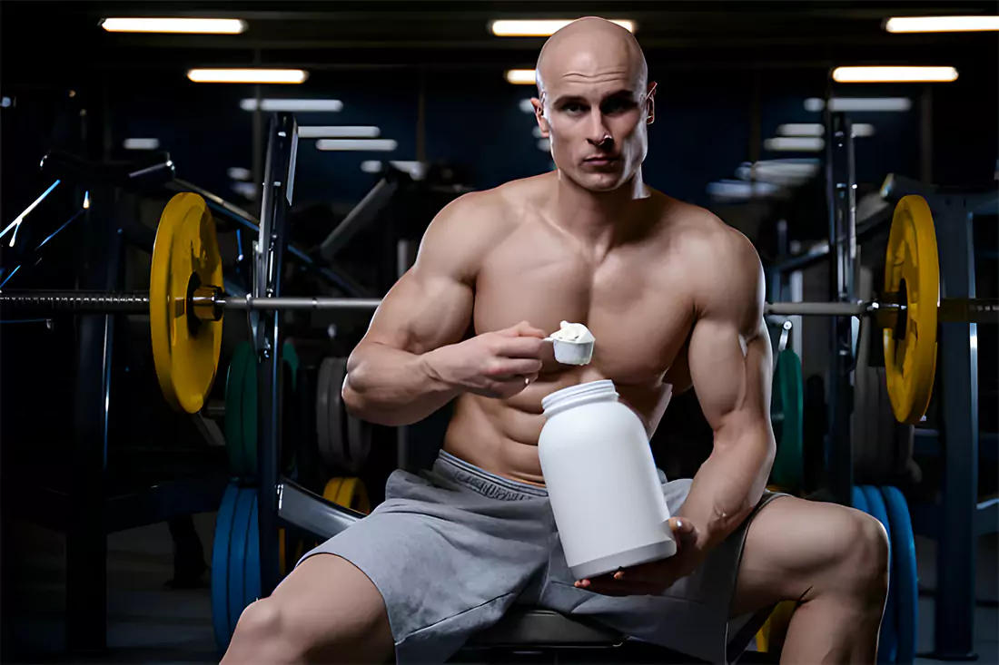 A muscular bodybuilder eating Rice Krispie Treats in the gym, highlighting the snack trend in fitness