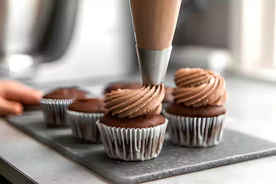 Fresh chocolate cupcakes being prepared in a home kitchen setting