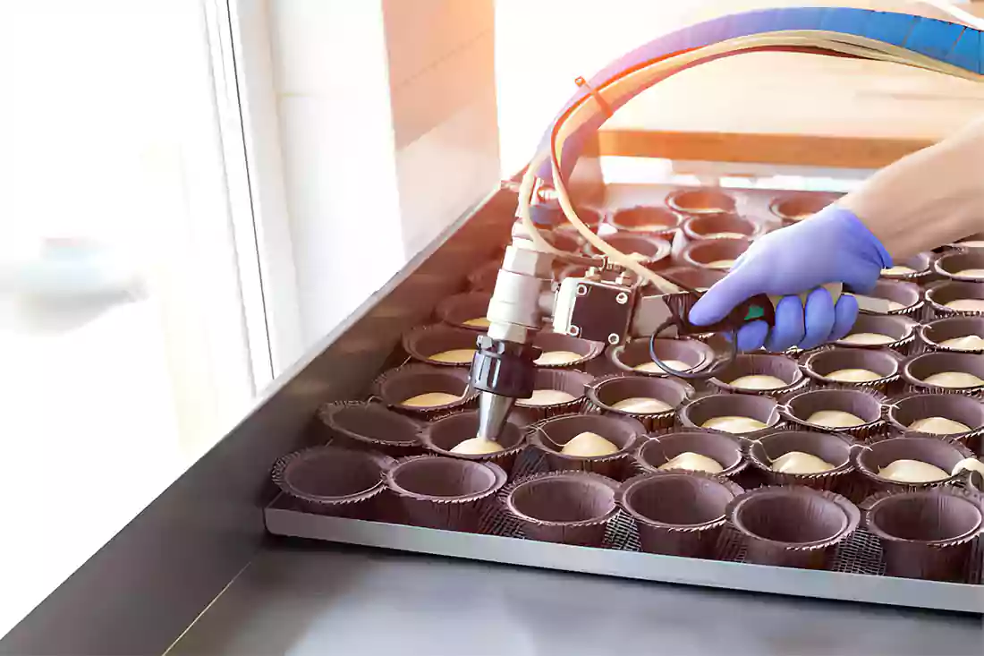 Conveyor belt production line of Hostess CupCakes, illustrating the manufacturing process