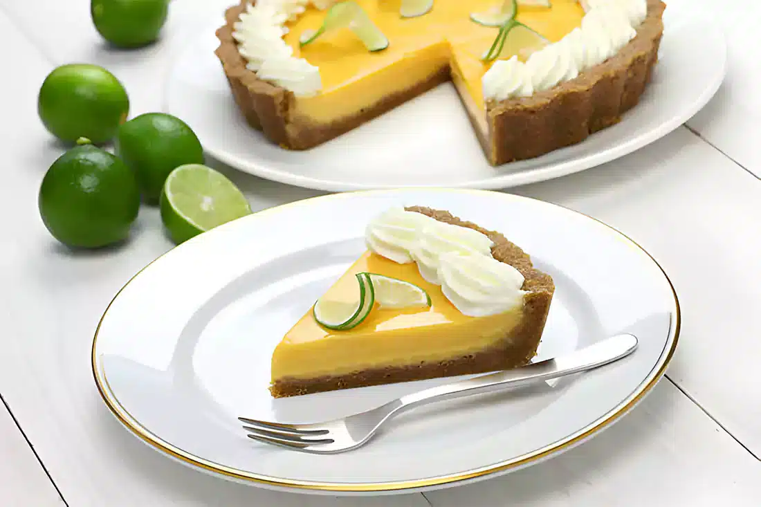 A perfect slice of Key Lime Pie with a scenic Florida Keys background, capturing the local flavor