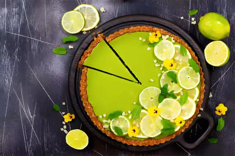 "A delicious Key Lime Pie set against a tropical backdrop, embodying the essence of Florida Keys