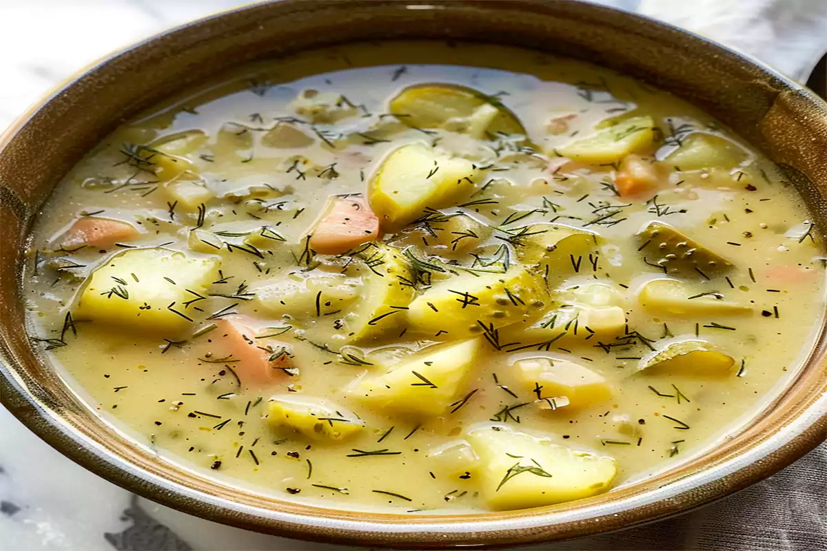 Explore Dill Pickle Soup, a unique blend of tangy pickles and creamy broth