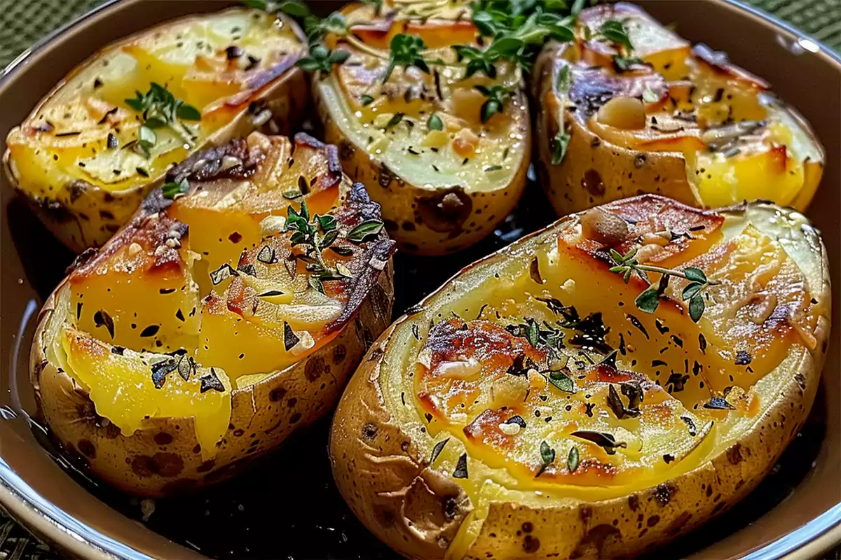 pommes de terre à l'ail et au beurre au four dans une assiette avec une garniture de persil