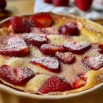 Clafoutis Léger aux Fraises frais sorti du four, doré et gonflé, décoré de fraises fraîches et saupoudré de sucre glace, servi dans un moule à clafoutis.