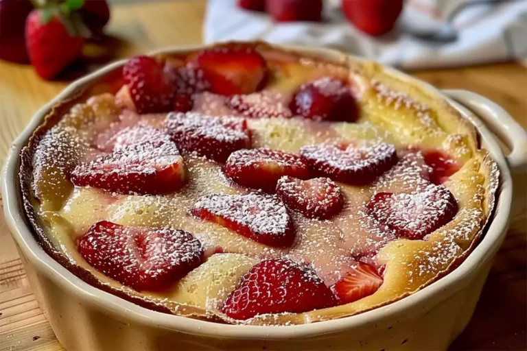 Clafoutis Léger aux Fraises frais sorti du four, doré et gonflé, décoré de fraises fraîches et saupoudré de sucre glace, servi dans un moule à clafoutis.