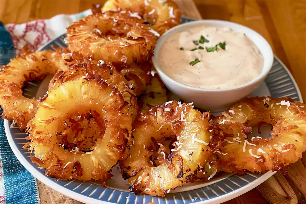 Delicious Fried Pineapple Rings with Creamy Coconut Dipping Sauce Recipe