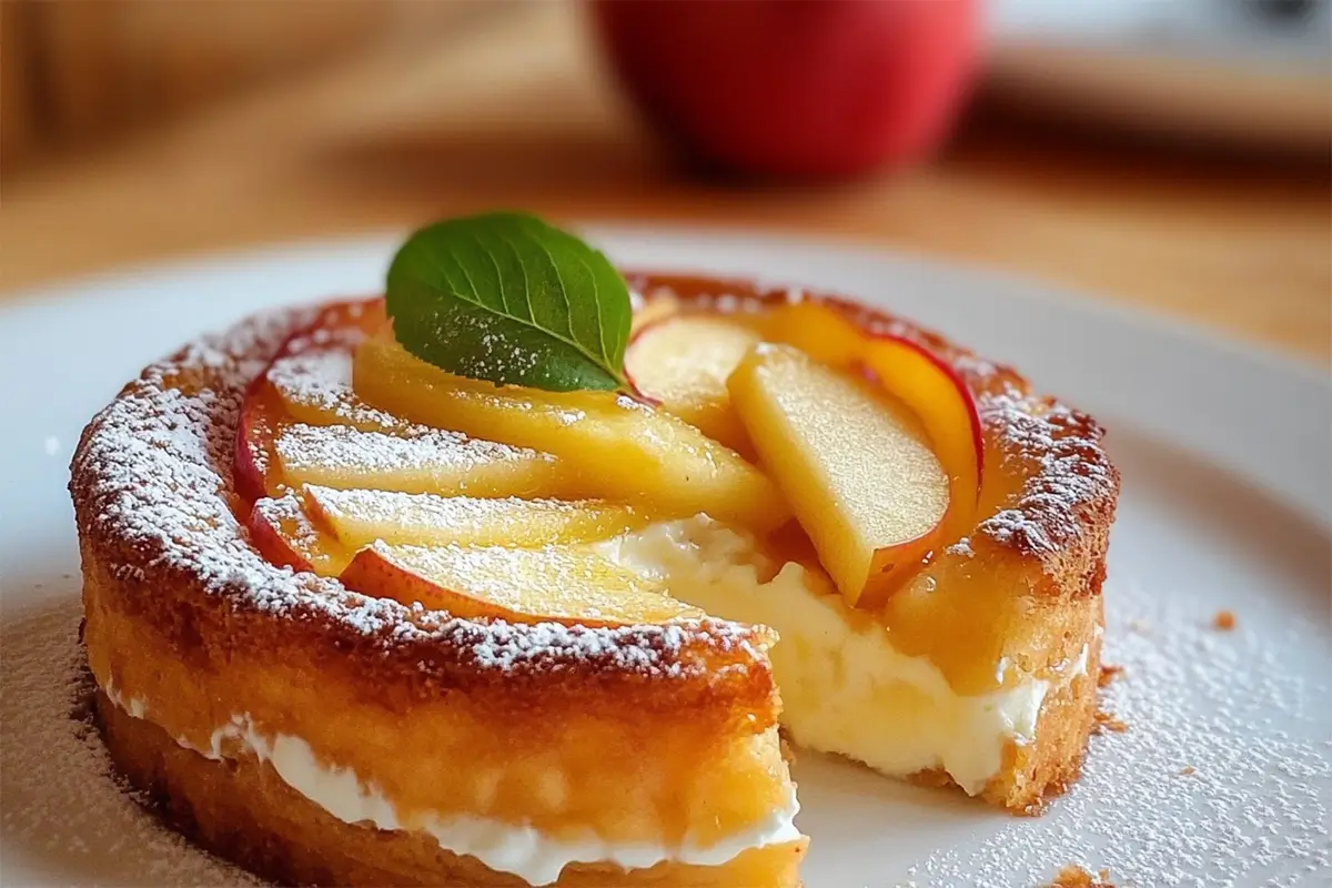 Fondant pommes mascarpone moelleux avec tranches de pommes dorées, présenté dans un plat de service élégant