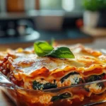 Lasagnes végétariennes aux tomates, aubergines, épinards et ricotta, prêtes à être servies, avec une couche dorée de fromage gratiné.