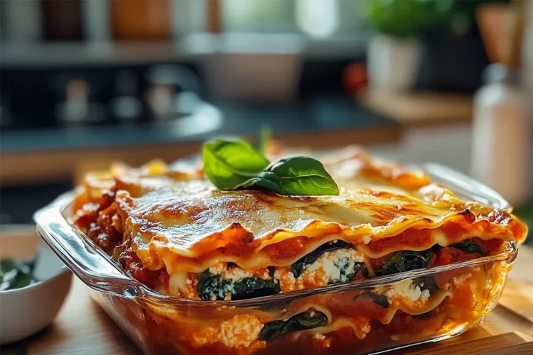 Lasagnes végétariennes aux tomates, aubergines, épinards et ricotta, prêtes à être servies, avec une couche dorée de fromage gratiné.