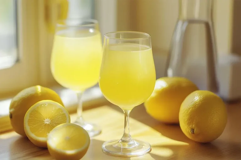 Verres glacés de Limoncello maison servis avec des citrons frais sur une table rustique