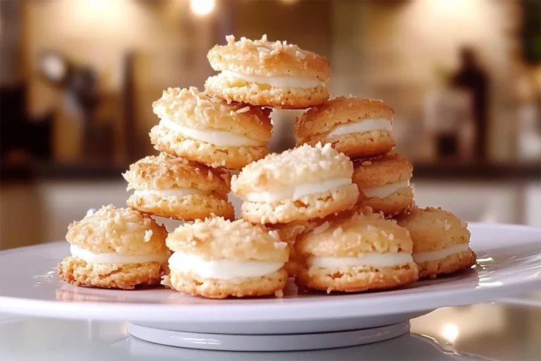 Macarons coco dorés, moelleux et faits maison sur une assiette blanche