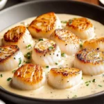 Noix de Saint-Jacques à la crème, délicatement dorées et servies avec une sauce crémeuse, garnies de persil frais