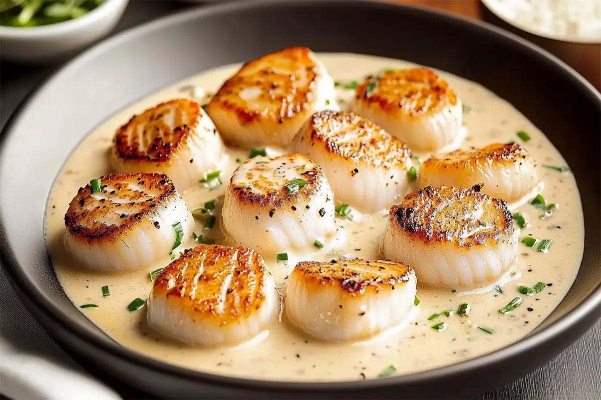 Noix de Saint-Jacques à la crème, délicatement dorées et servies avec une sauce crémeuse, garnies de persil frais