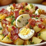 Salade de pommes de terre aux lardons servie tiède avec persil frais et vinaigrette maison