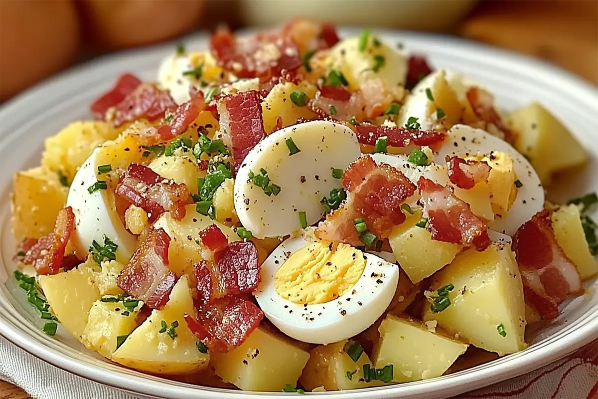 Salade de pommes de terre aux lardons servie tiède avec persil frais et vinaigrette maison