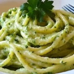 Assiette de spaghetti à la crème de courgette garnie de basilic frais et de parmesan râpé, servie dans une présentation élégante