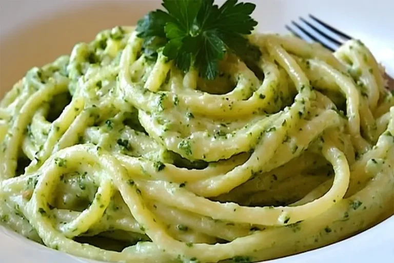 Assiette de spaghetti à la crème de courgette garnie de basilic frais et de parmesan râpé, servie dans une présentation élégante