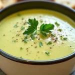 Bol de velouté de courgettes onctueux garni de crème et d'herbes fraîches, idéal pour un repas réconfortant.