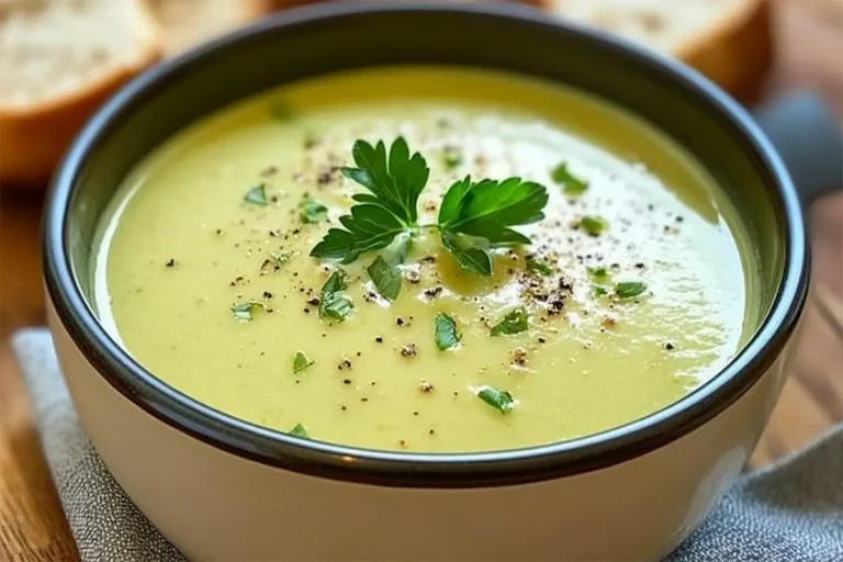 Bol de velouté de courgettes onctueux garni de crème et d'herbes fraîches, idéal pour un repas réconfortant.