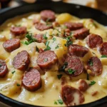 Fondue d'endives aux saucisses fumées servie dans une assiette, un plat réconfortant pour l'hiver