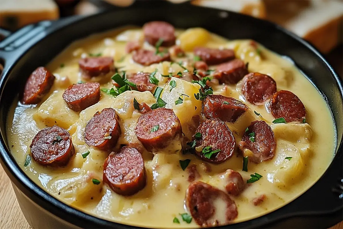 Fondue d'endives aux saucisses fumées servie dans une assiette, un plat réconfortant pour l'hiver