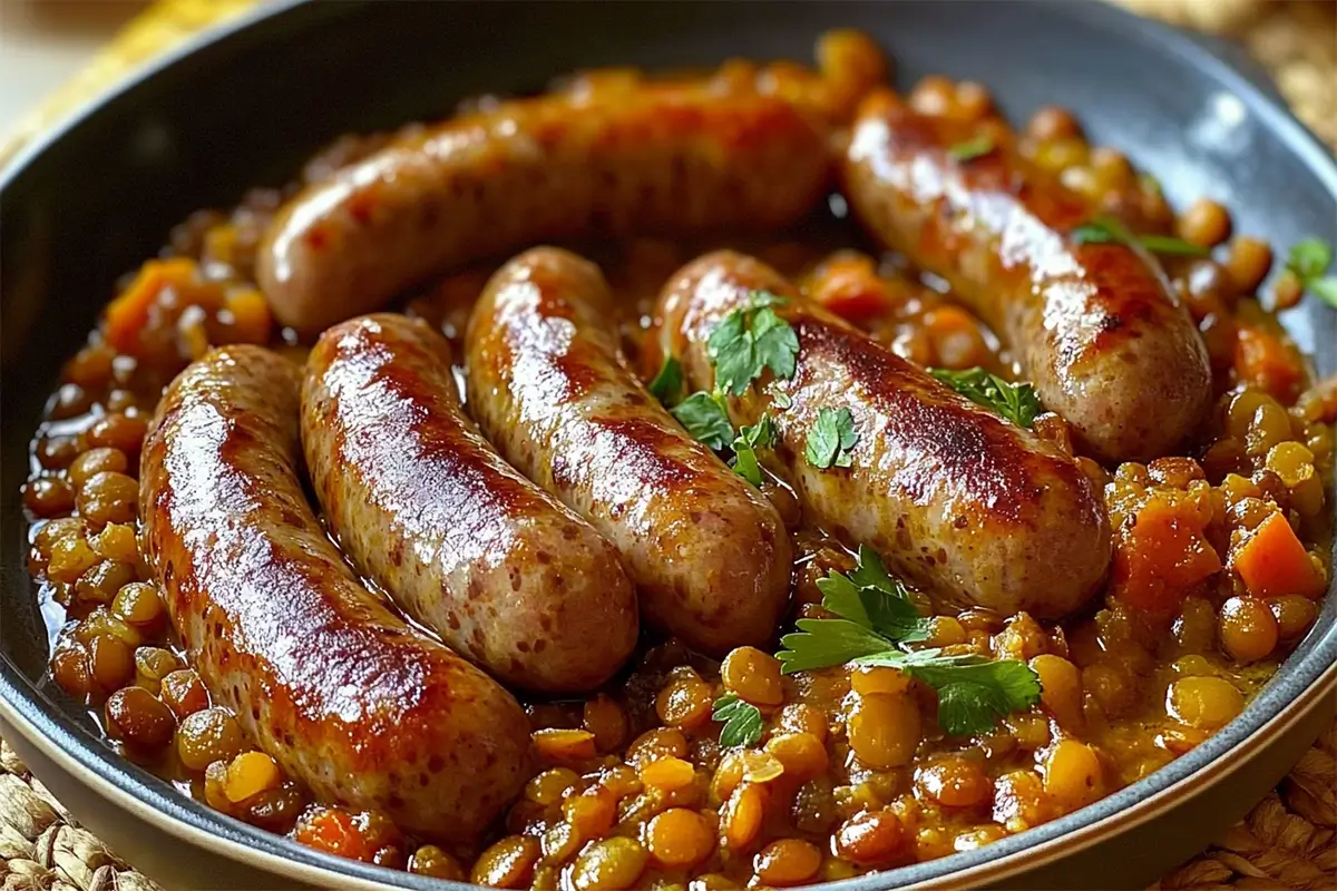 Recette traditionnelle de saucisses aux lentilles, idéale pour un repas réconfortant et nourrissant