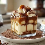 Tiramisu au caramel beurre salé dans des verrines, avec des couches de mousse au mascarpone, caramel et palets bretons