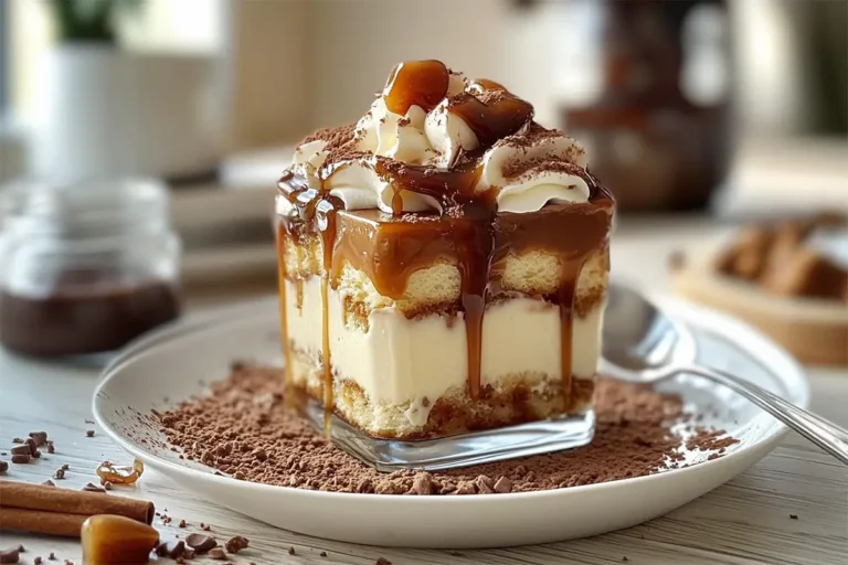 Tiramisu au caramel beurre salé dans des verrines, avec des couches de mousse au mascarpone, caramel et palets bretons