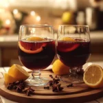 Verre de vin chaud aux épices avec agrumes et bâtons de cannelle, décoré pour Noël en Alsace