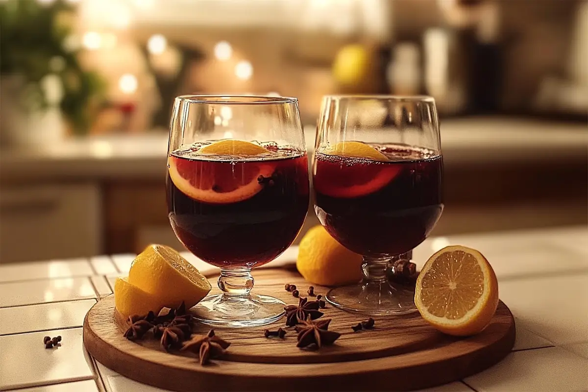 Verre de vin chaud aux épices avec agrumes et bâtons de cannelle, décoré pour Noël en Alsace