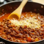 Plat de pâtes avec sauce bolognaise maison, garnie de parmesan et d'herbes fraîches, présenté dans une assiette rustique.