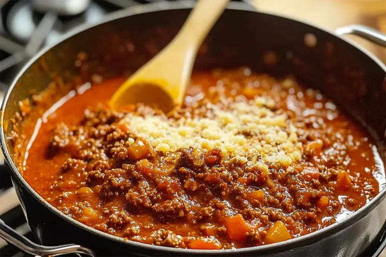 Plat de pâtes avec sauce bolognaise maison, garnie de parmesan et d'herbes fraîches, présenté dans une assiette rustique.