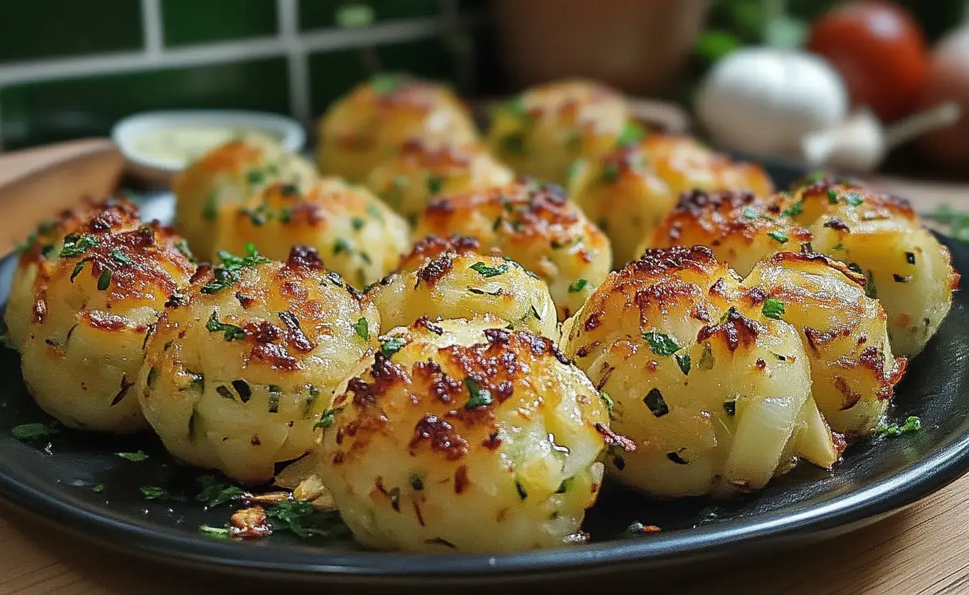 Bouchées de courgette à l’ail dorées au four servies sur une assiette en apéritif