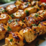 Brochettes de poulet grillées marinées au miel et à l’ail sur barbecue, servies avec riz et légumes