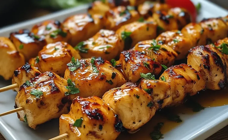 Brochettes de poulet grillées marinées au miel et à l’ail sur barbecue, servies avec riz et légumes