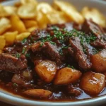 Assiette de carbonade flamande traditionnelle servie avec des frites dorées maison