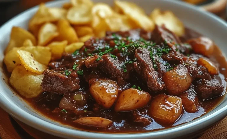 Assiette de carbonade flamande traditionnelle servie avec des frites dorées maison