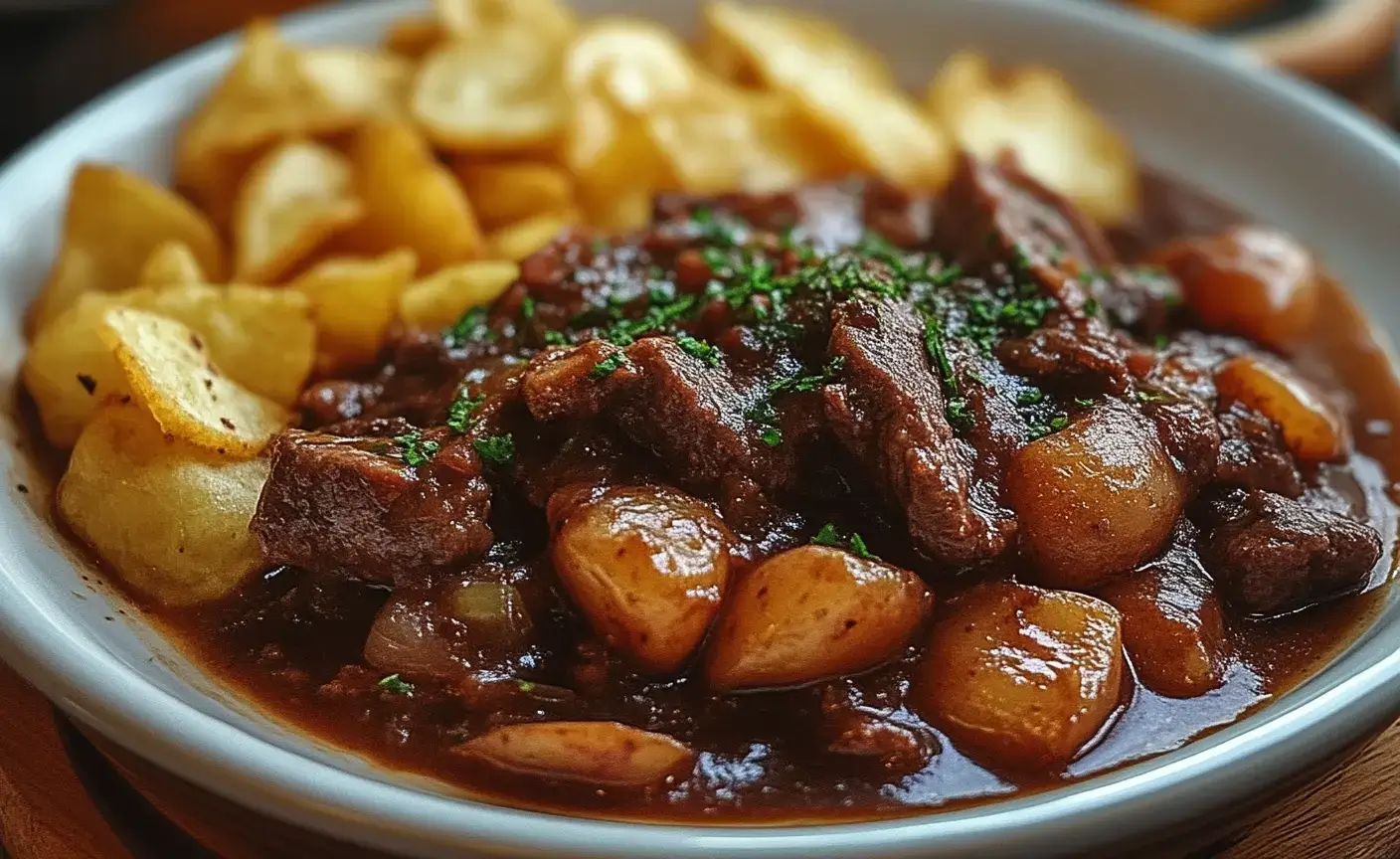 Assiette de carbonade flamande traditionnelle servie avec des frites dorées maison