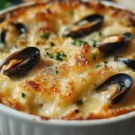 Cassolettes de moules gratinées dorées au four avec crème, vin blanc et fromage fondant