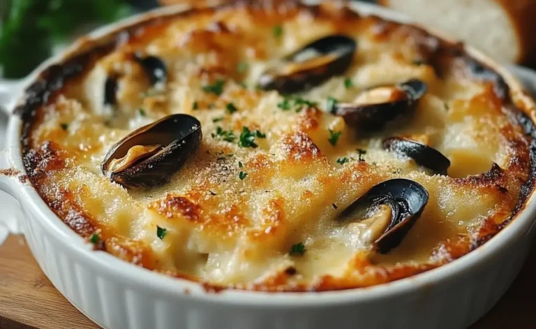 Cassolettes de moules gratinées dorées au four avec crème, vin blanc et fromage fondant