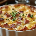 Clafoutis salé doré au jambon et parmesan dans un plat en céramique, prêt à servir