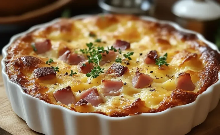 Clafoutis salé doré au jambon et parmesan dans un plat en céramique, prêt à servir