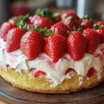 Gâteau au yaourt aux fraises moelleux et fait maison, sur une assiette avec des fraises fraîches