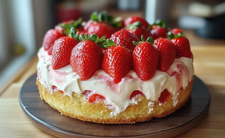 Gâteau au yaourt aux fraises moelleux et fait maison, sur une assiette avec des fraises fraîches
