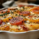 Gratin doré de pommes de terre au chorizo et sauce béchamel fondante dans un plat à gratin