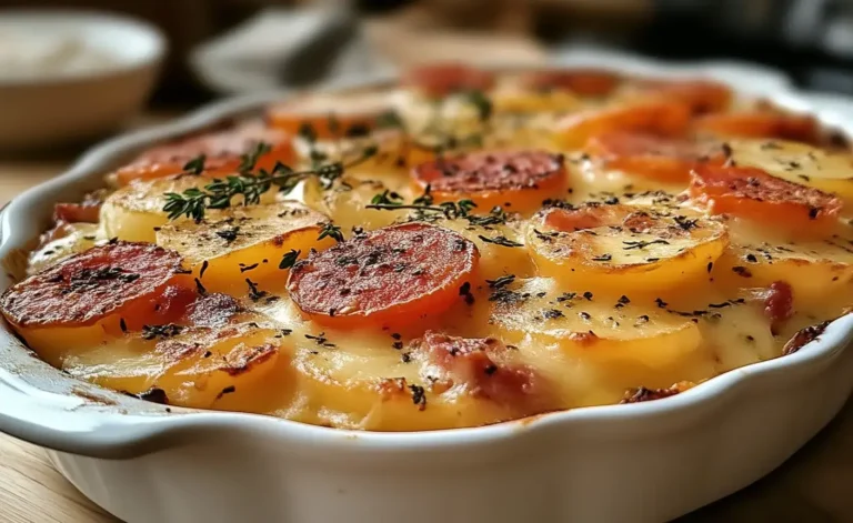 Gratin doré de pommes de terre au chorizo et sauce béchamel fondante dans un plat à gratin
